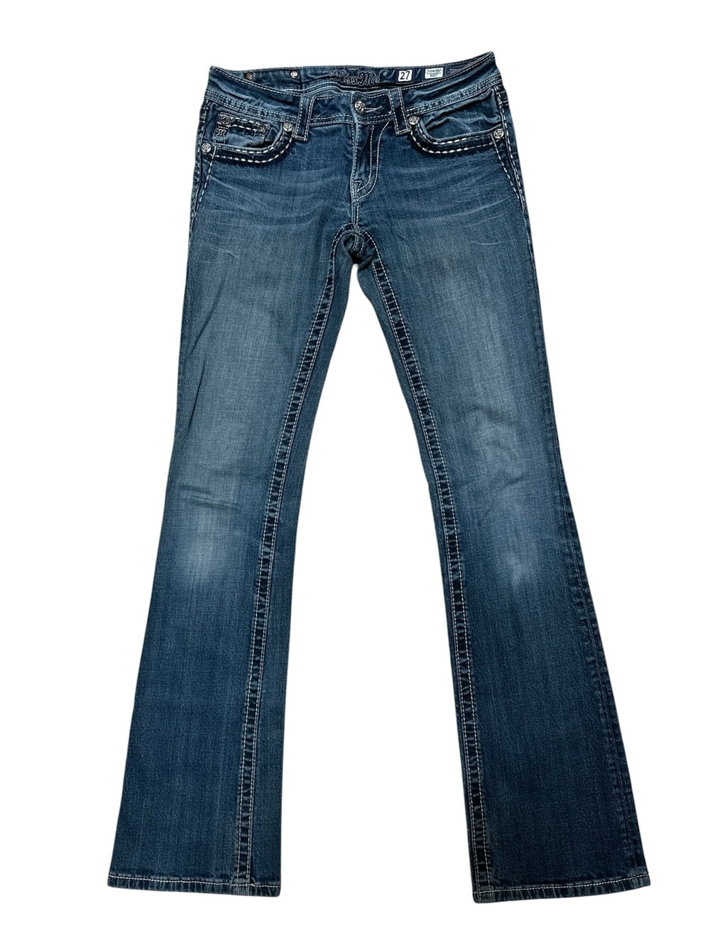 Y2K Miss Me Dark Blue Bootcut/Flare Jeans with Embroidered Back Pockets